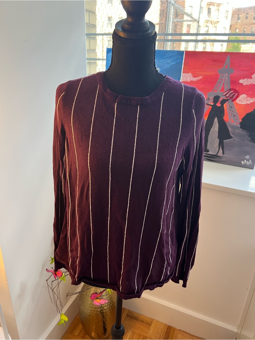 The Limited Plum Pinstripe Crewneck Sweater